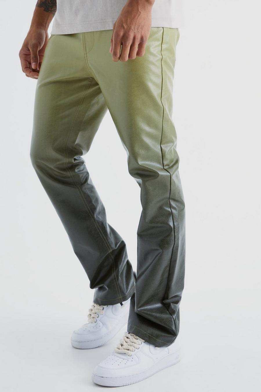 Green Fixed Waist Slim Flare Ombre Pu Trousers image number 1