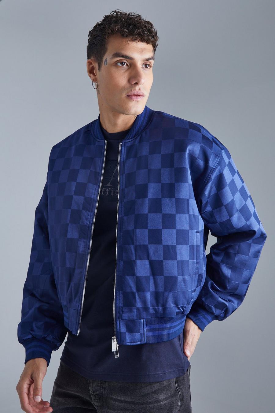 Navy Boxy Satin Checkerboard Bomber  image number 1