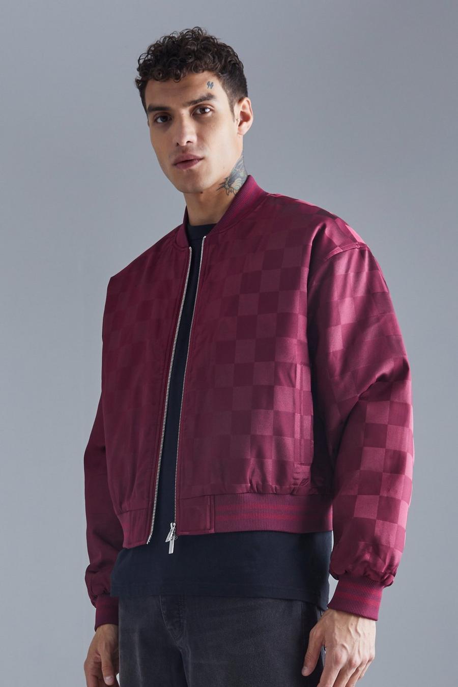 Red Boxy Satin Checkerboard Bomber  image number 1