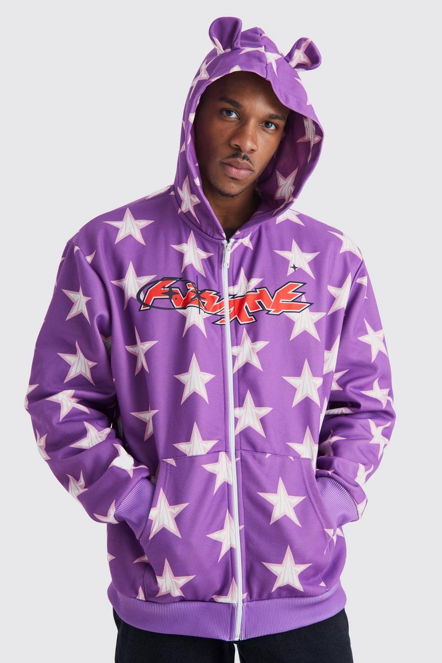 Purple Oversize hoodie med dragkedja och öron image number 1