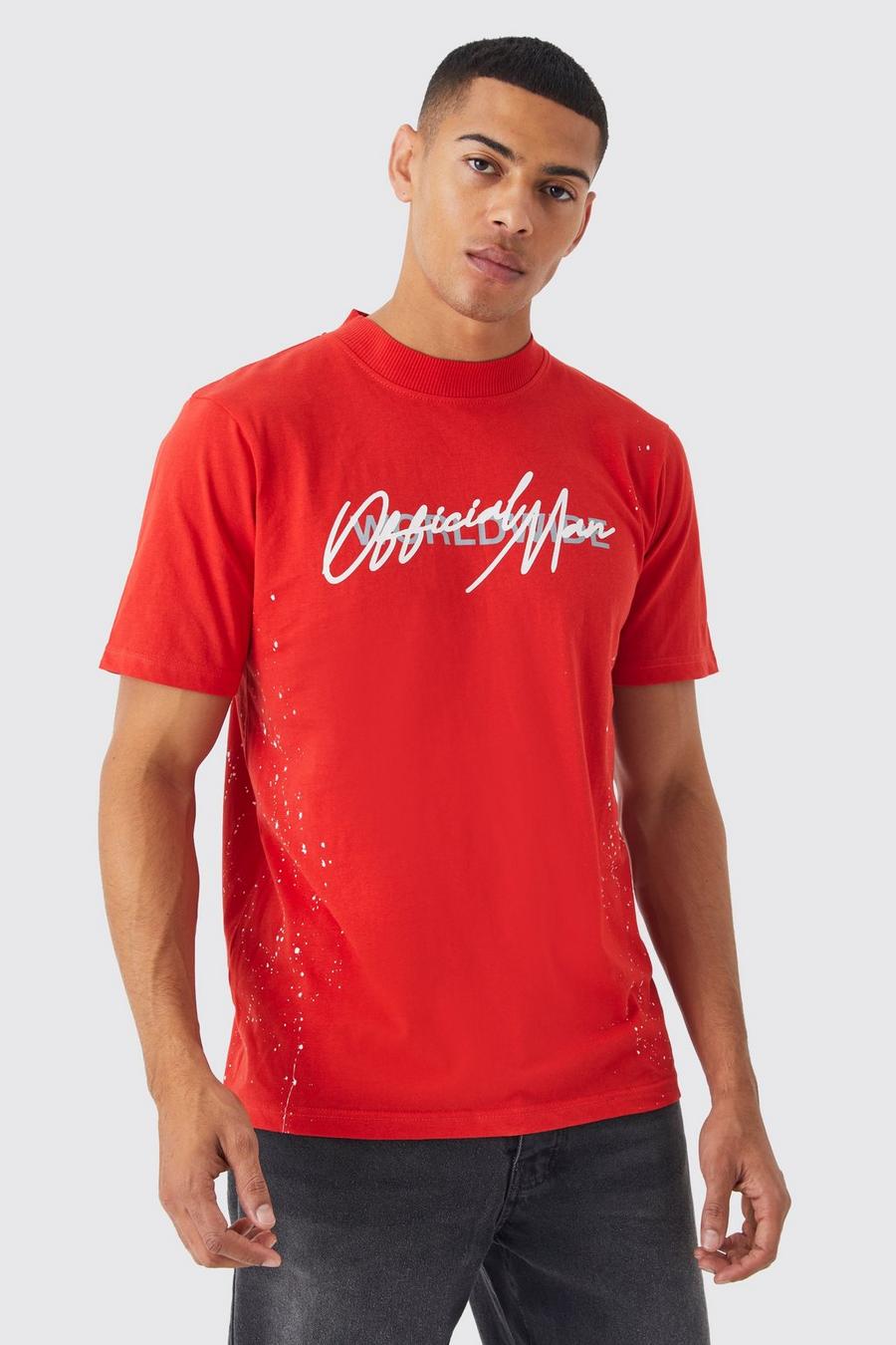 Red T-shirt med färgstänk och graffititryck image number 1