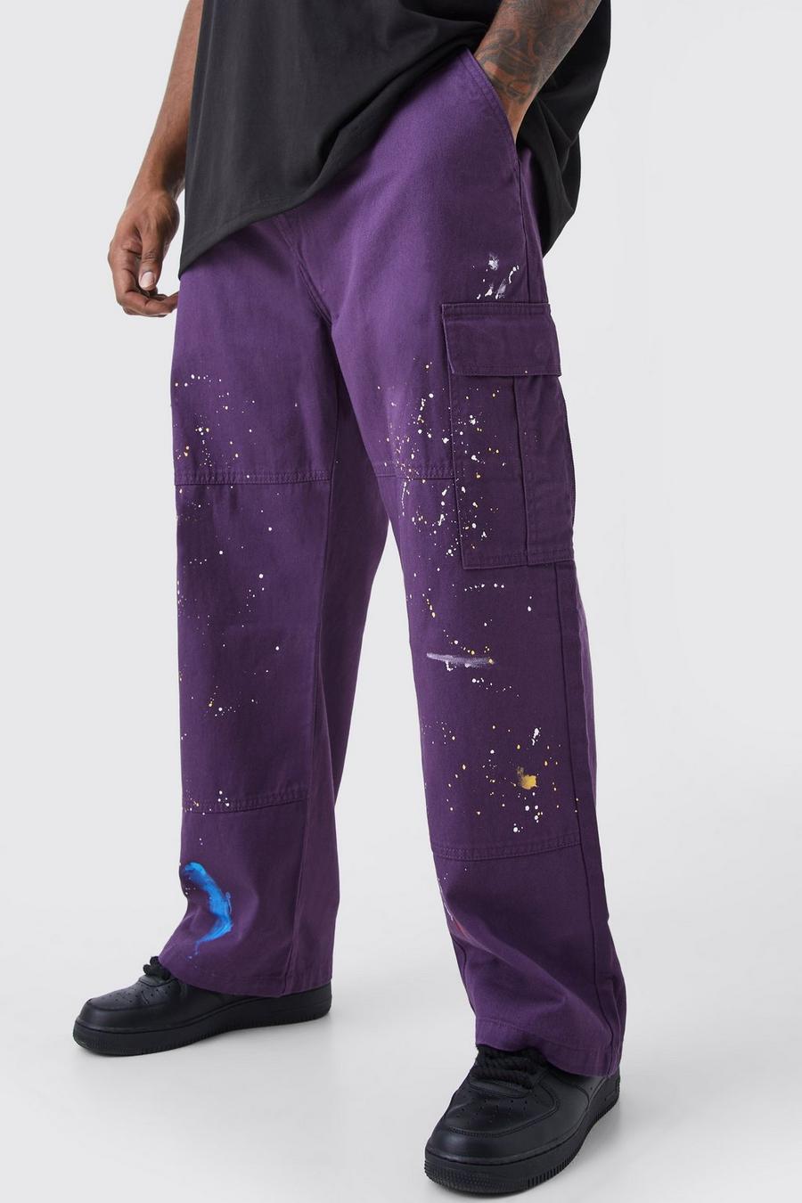 Purple violett Plus Straight Leg Cargo All Over Paint Splatter Trouser