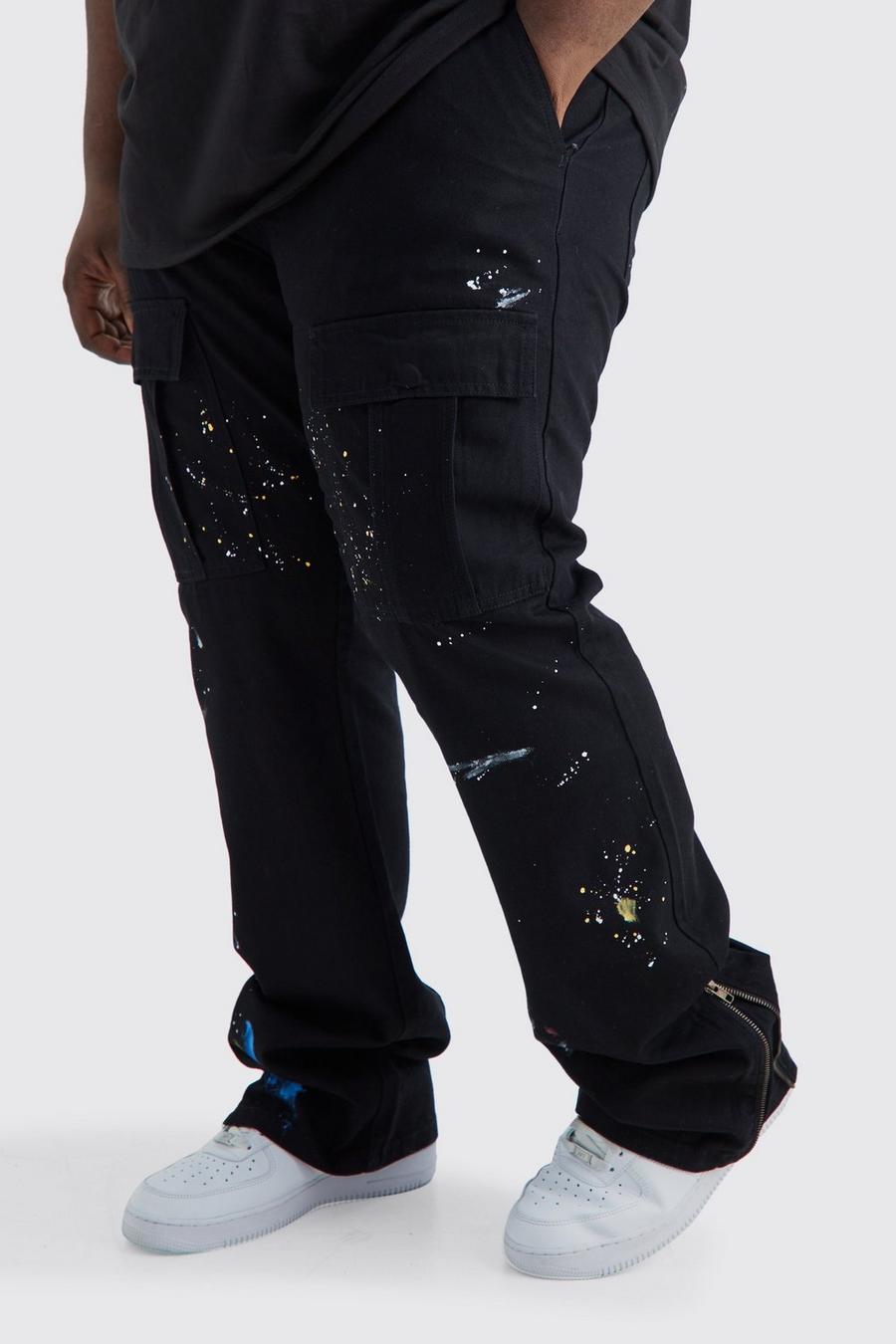 Black Plus Slim Stacked Zip Flare Paint Splatter Cargo Trouser