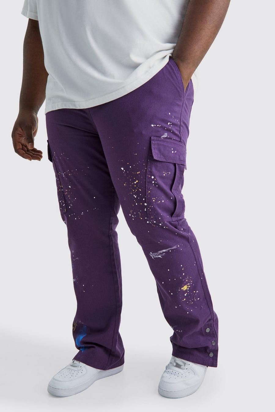 Pantaloni Cargo Plus Size Slim Fit con bottoni a pressione sul fondo e schizzi di colore, Purple
