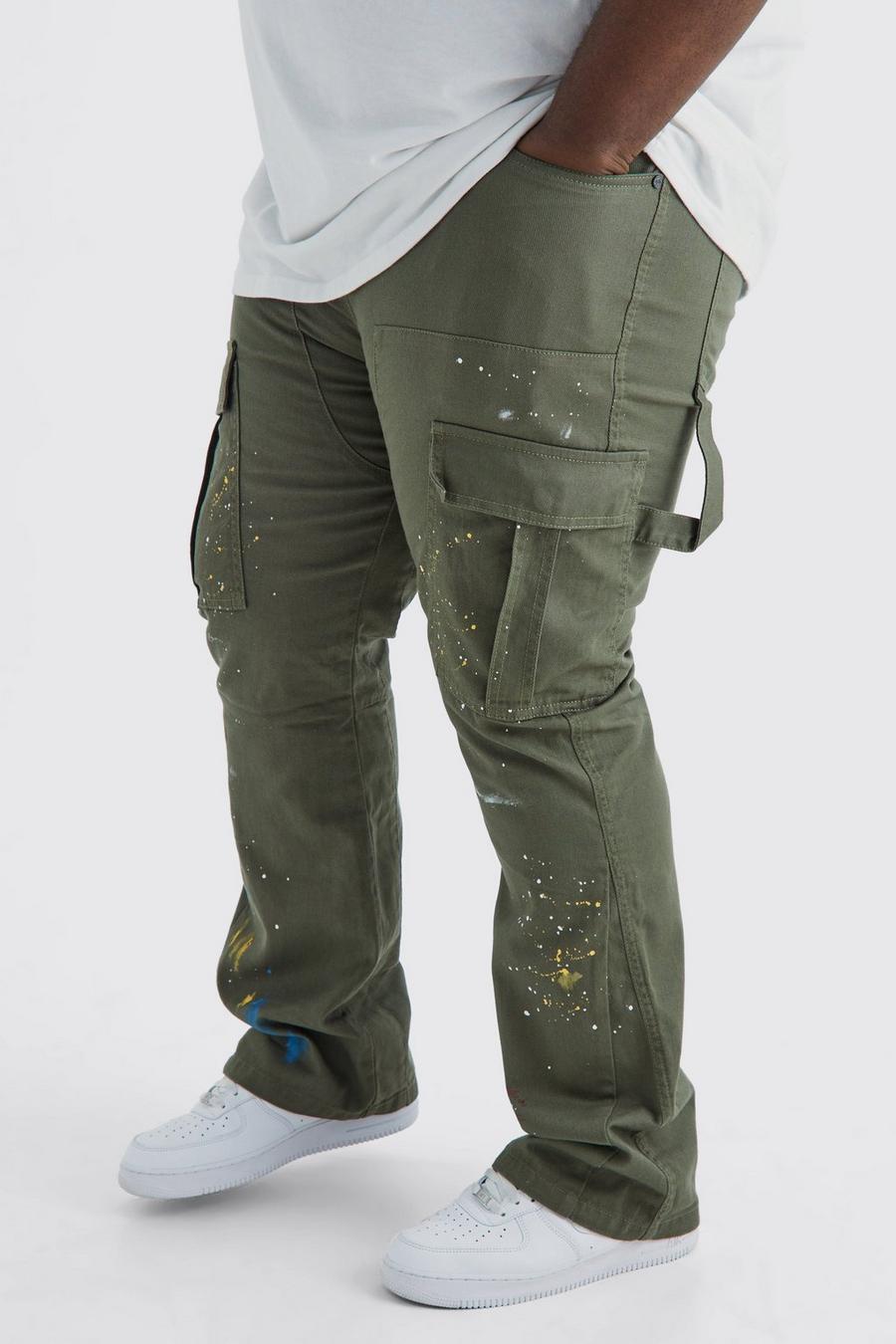 Khaki Plus Slim Flare Gusset Paint Splatter Cargo Trouser