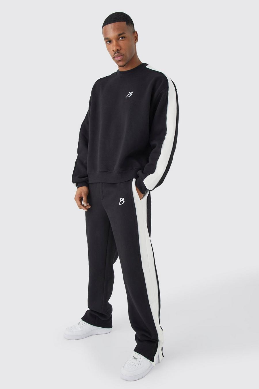 Kastiger Oversize Man Sweatshirt-Trainingsanzug mit geteiltem Saum, Black