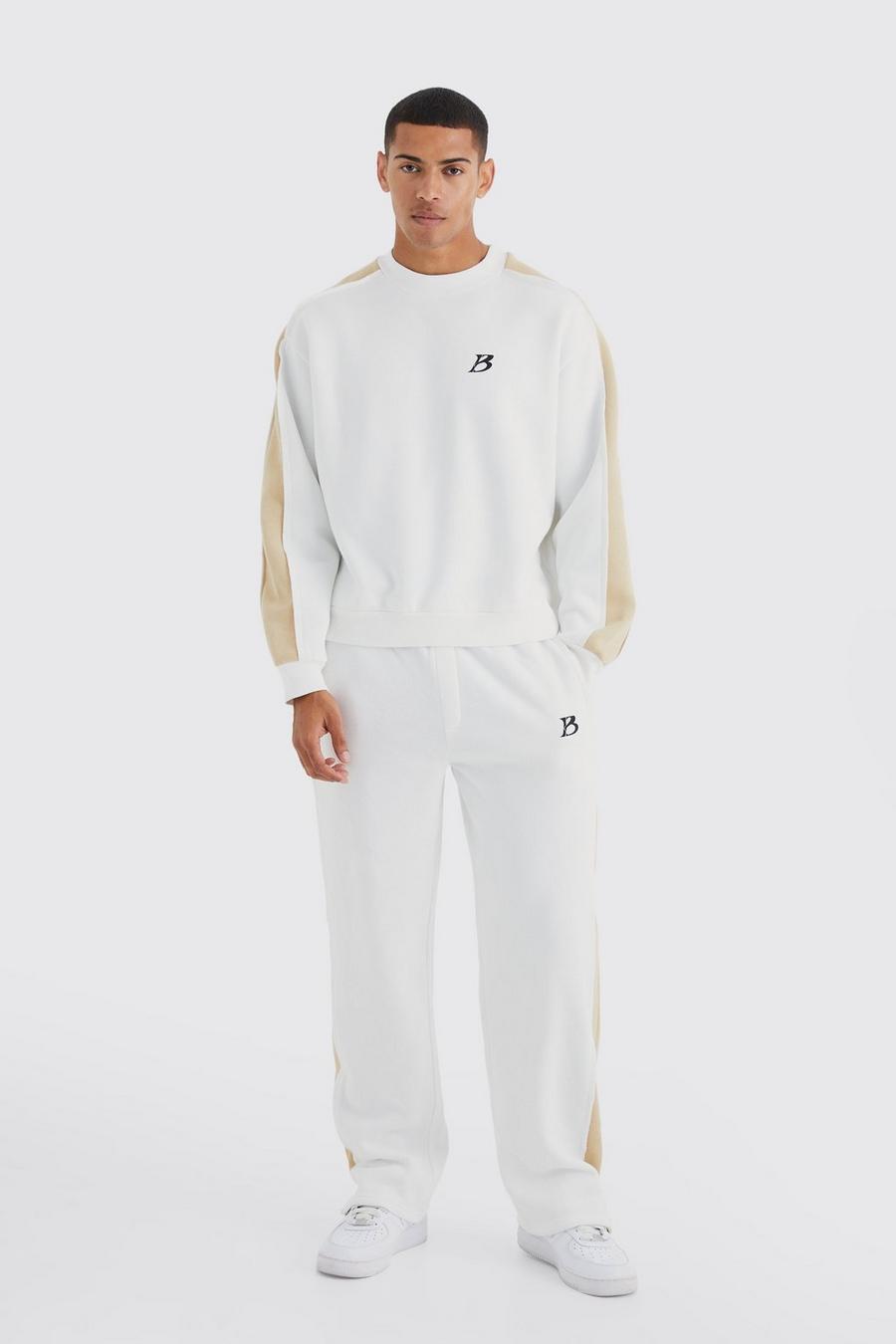 Kastiger Oversize Man Sweatshirt-Trainingsanzug mit geteiltem Saum, Ecru blanc