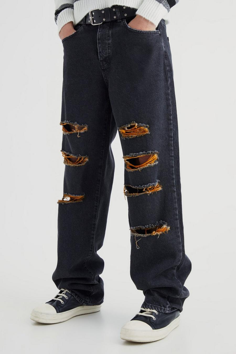 Jeans extra comodi in denim rigido con strappi a contrasto, Washed black image number 1