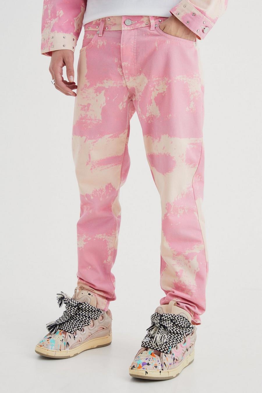 Jeans Slim Fit in denim rigido candeggiati con inserti, Pink image number 1