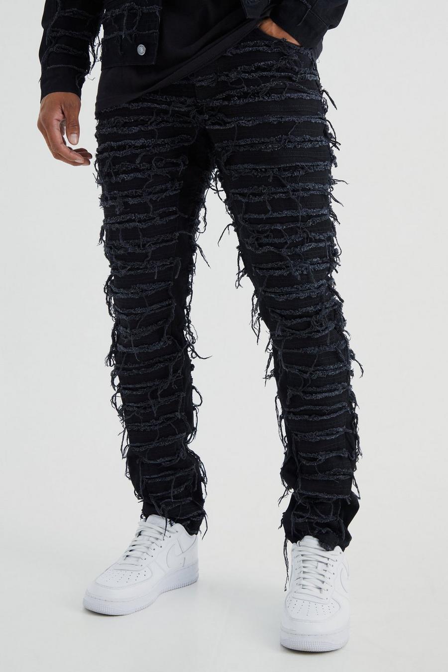 True black Slim Rigid All Over Distressed Jeans image number 1