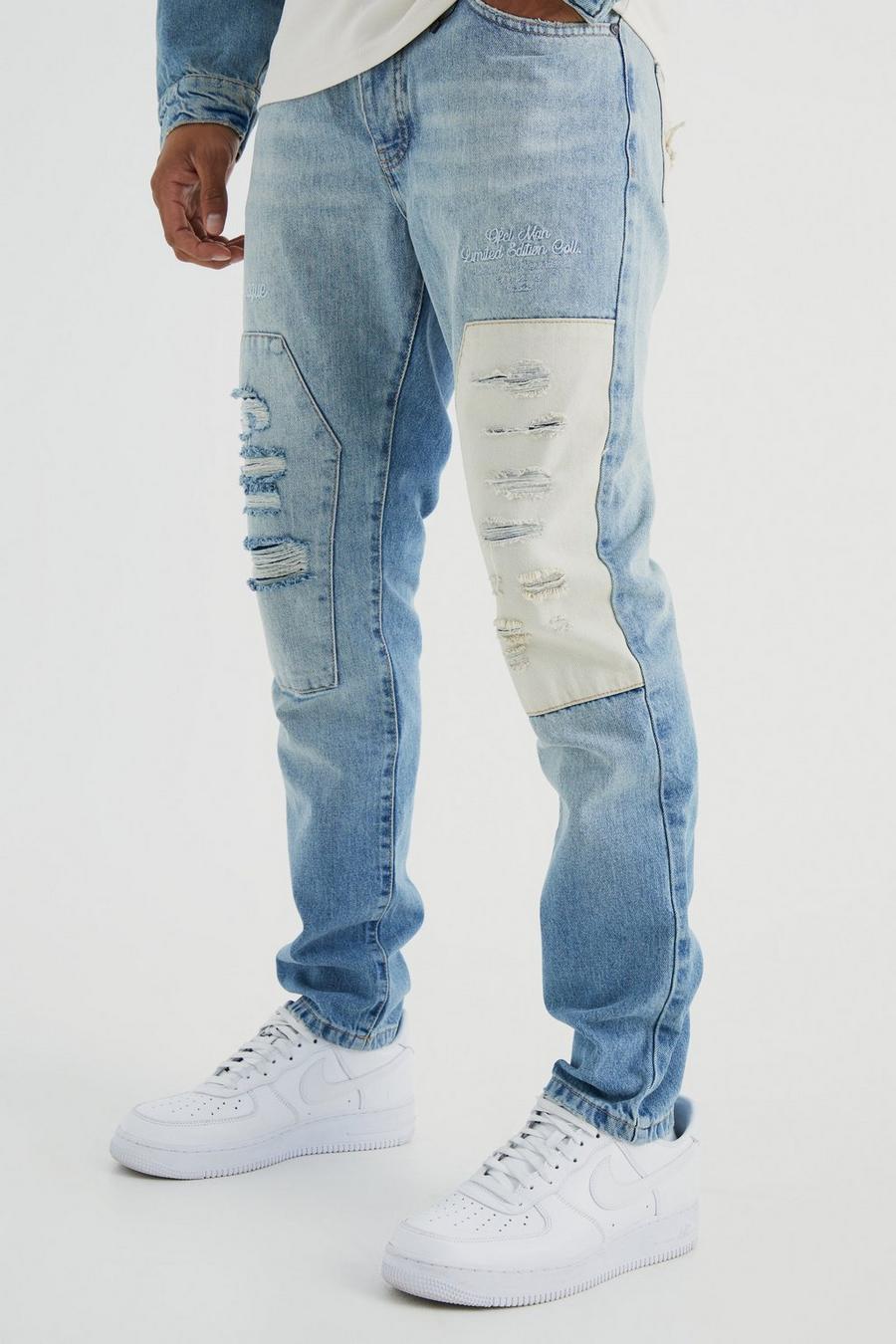 Jeans Slim Fit in denim rigido effetto smagliato, Vintage blue image number 1