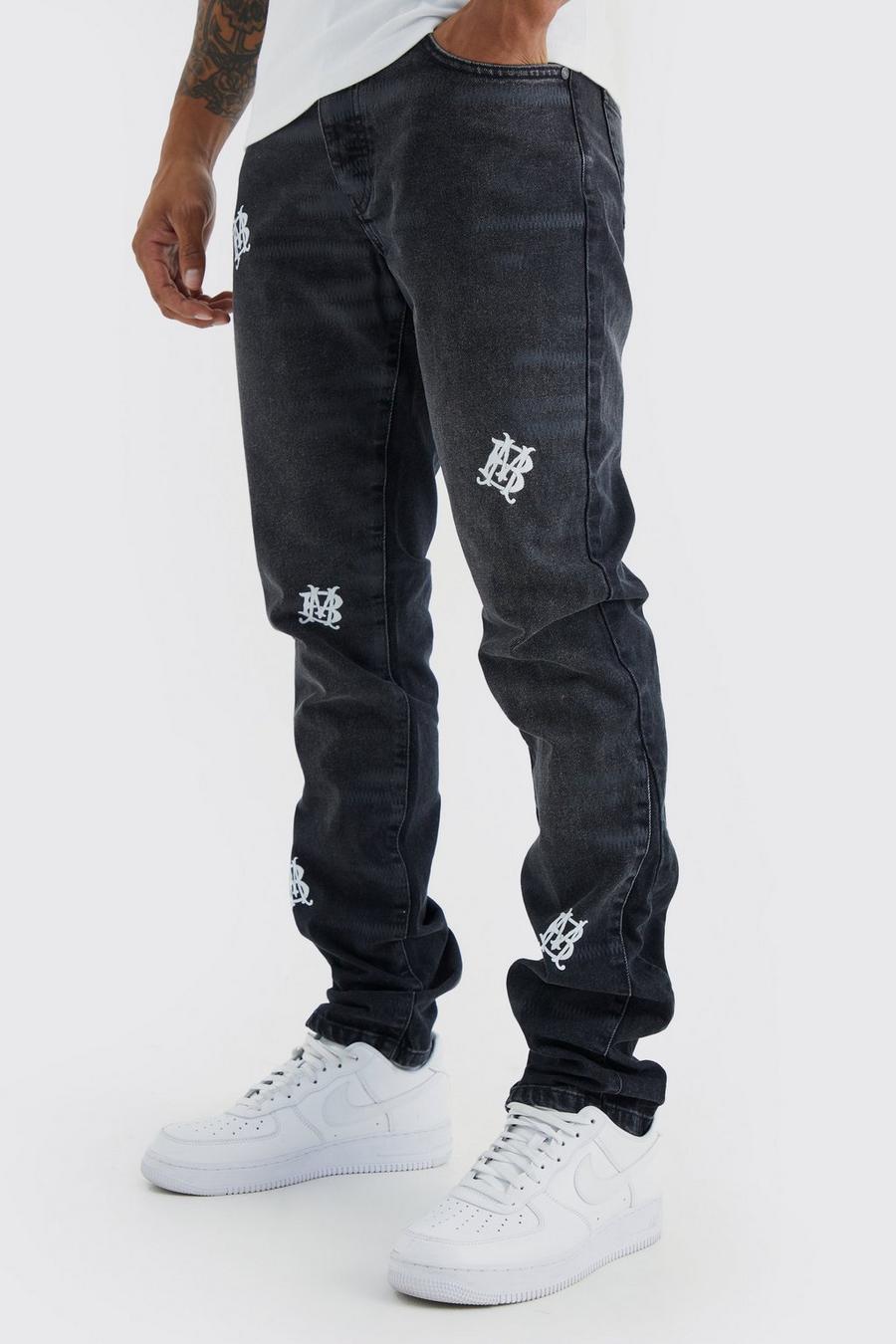 Jeans Slim Fit in denim rigido con ricami e pieghe sul fondo, Washed black