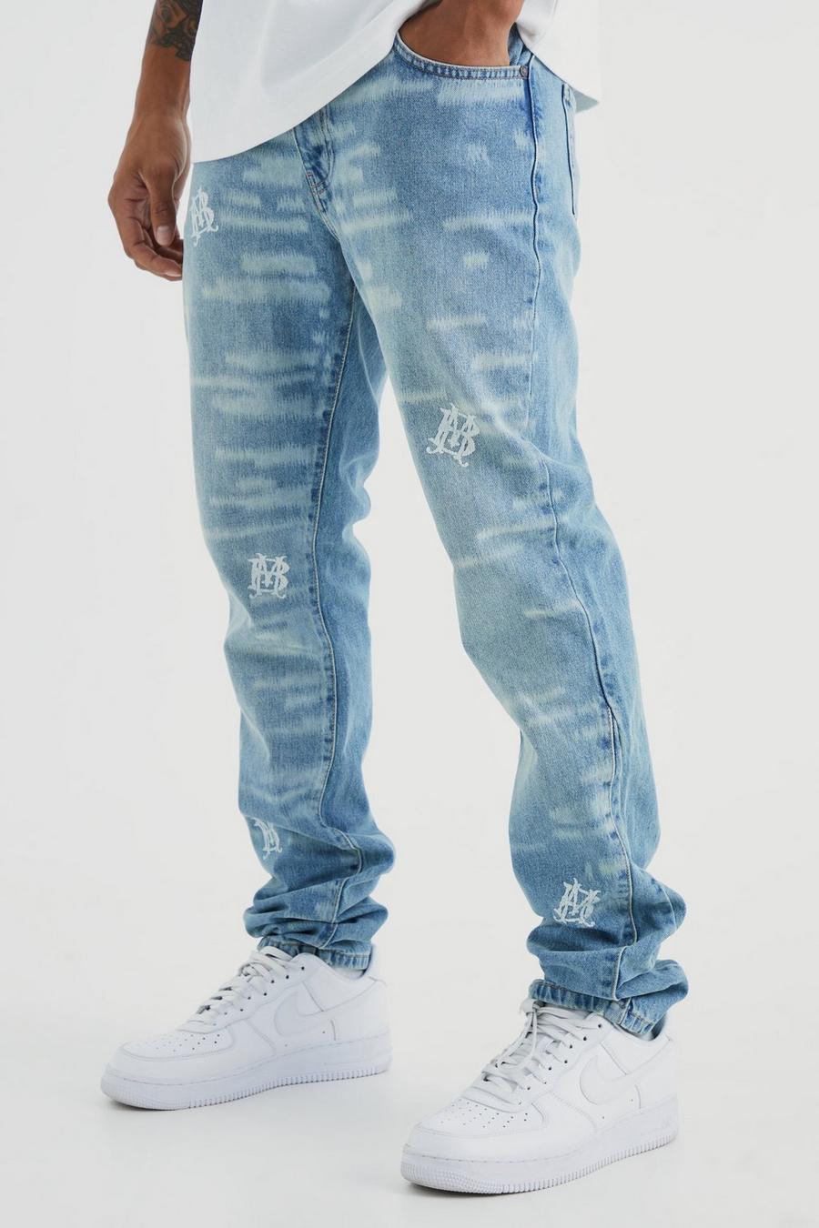 Antique wash blue Onbewerkte Geborduurde Slim Fit Jeans Met Gusset Detail