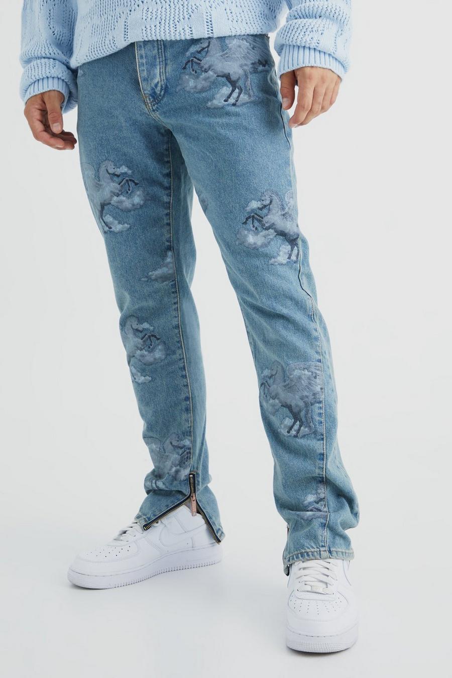Jeans Slim Fit in denim rigido con grafica all over e inserti, Antique wash