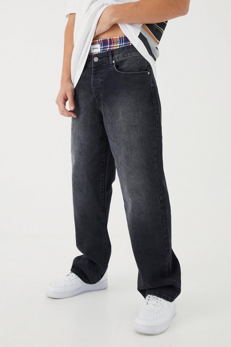 Washed black Baggy jeans i rigid denim med midjeband