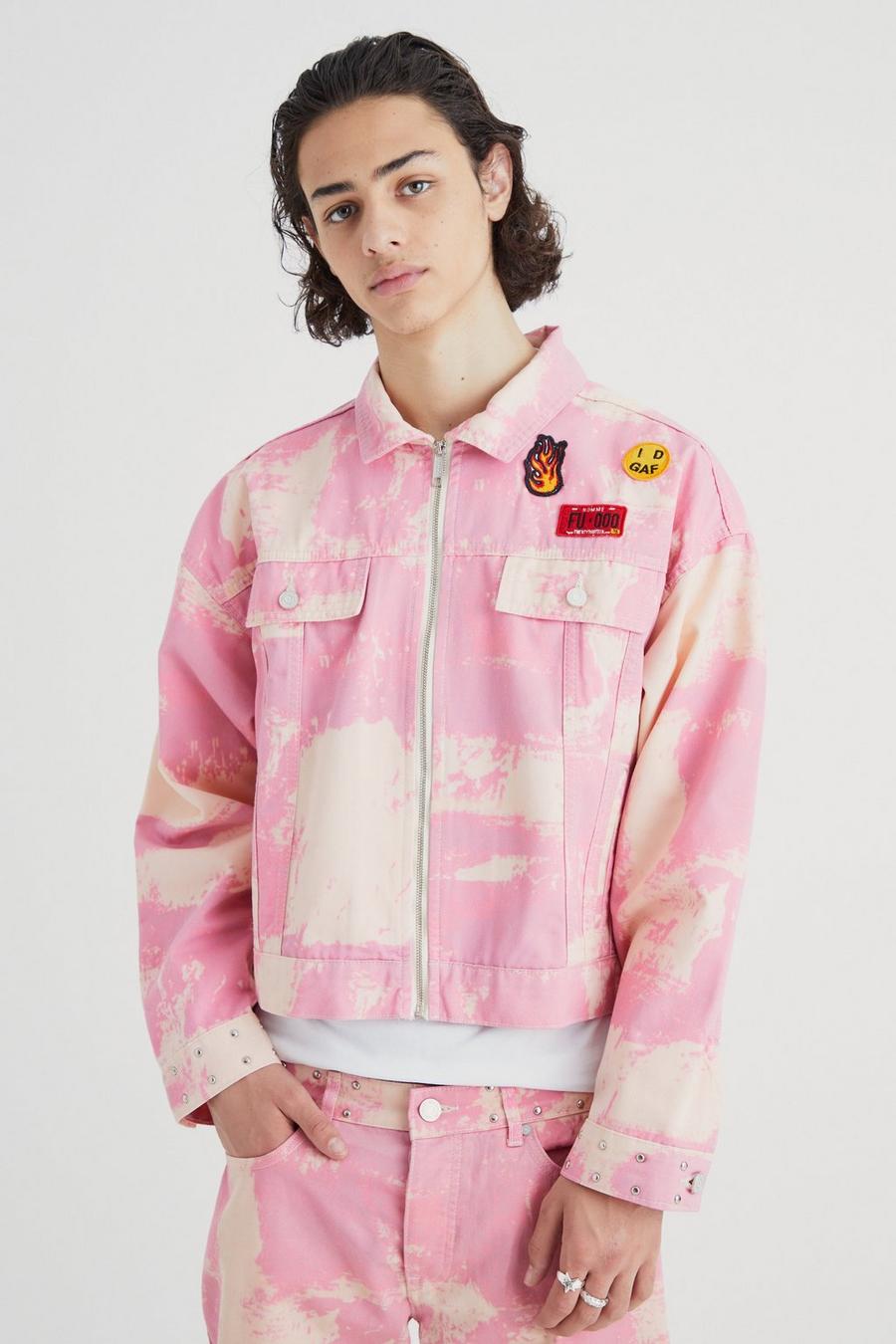 Pink Boxy Fit Bleached Denim Jacket image number 1