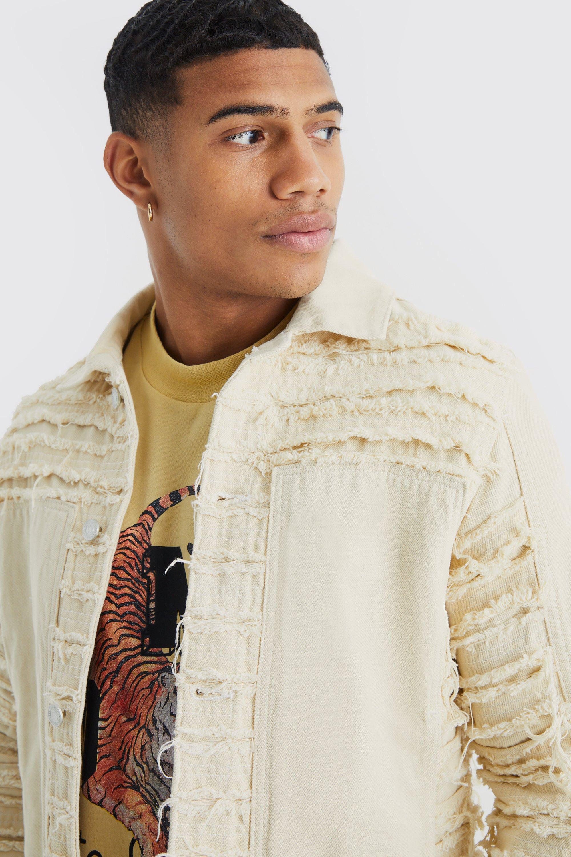 Mens denim shop jacket with fringe