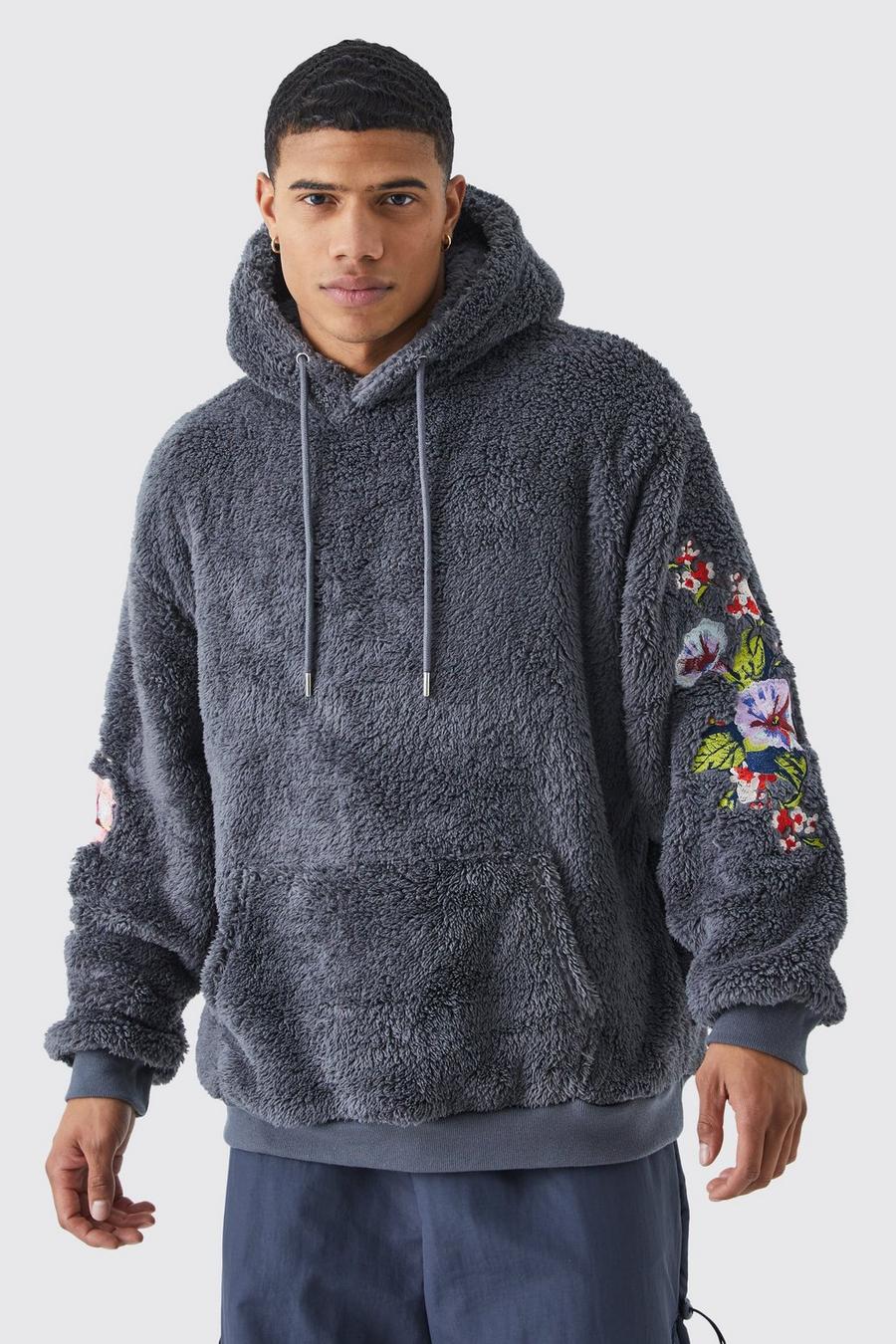 Charcoal Oversized Borg Floral Embroidered Hooded Tracksuit image number 1