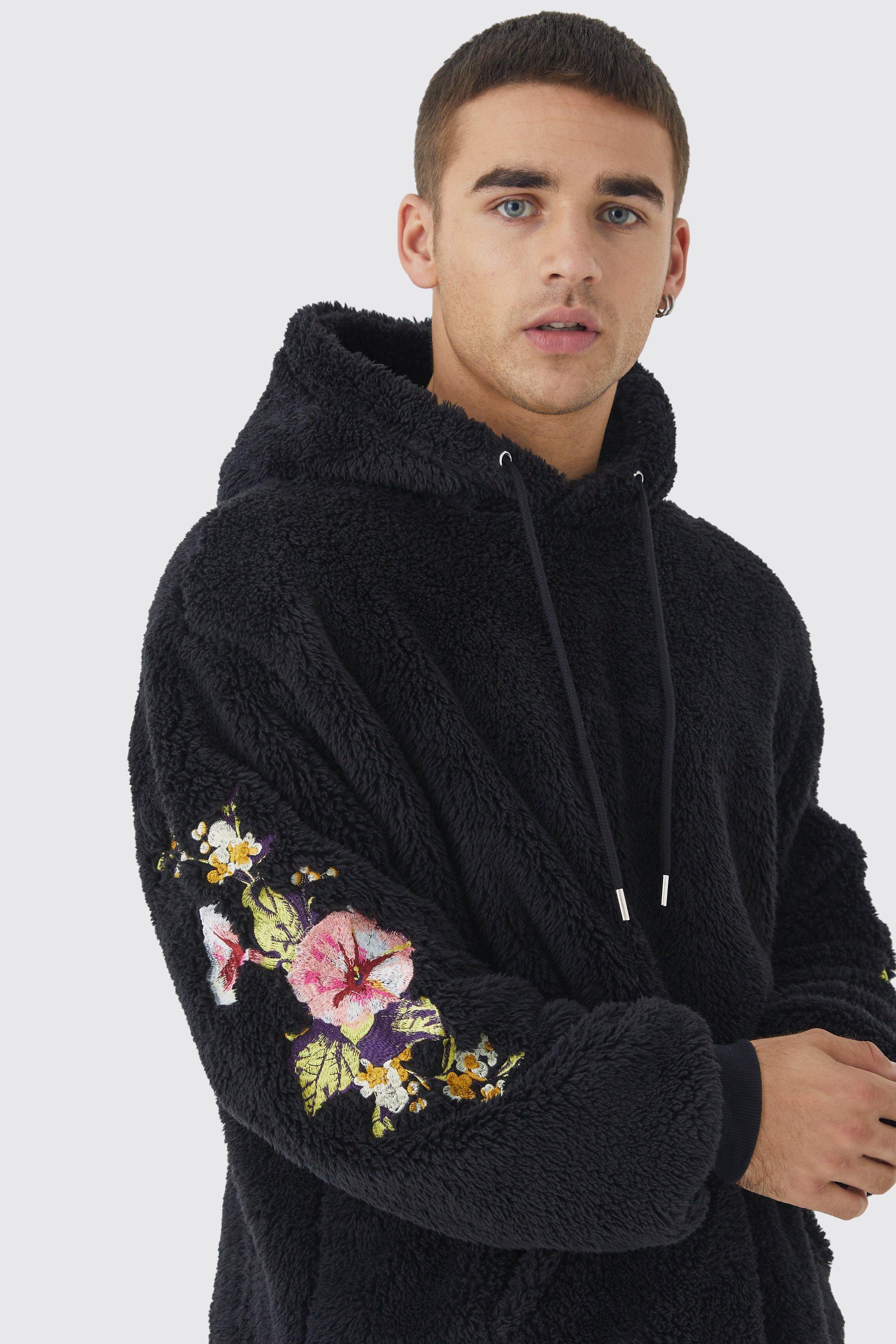 Oversized Borg Hoodie With Floral Embroidery boohoo