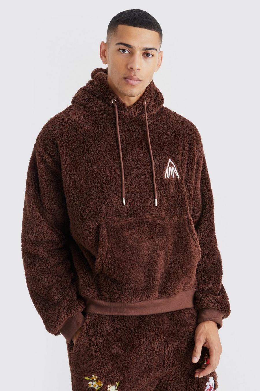 Kastiger Oversize Hoodie mit Man-Stickerei, Chocolate