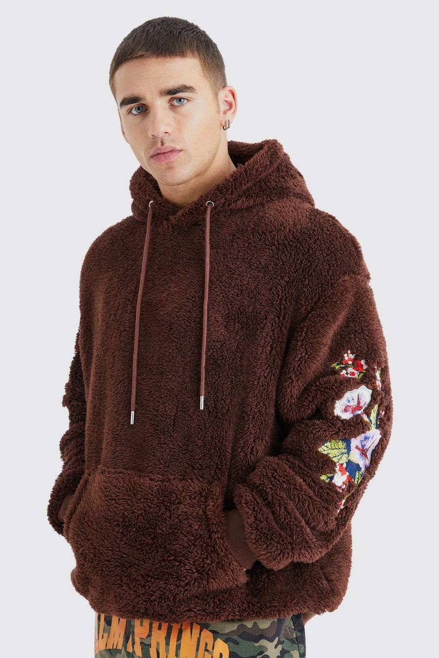 Chocolate Oversized Borg Hoodie With Floral Embroidery