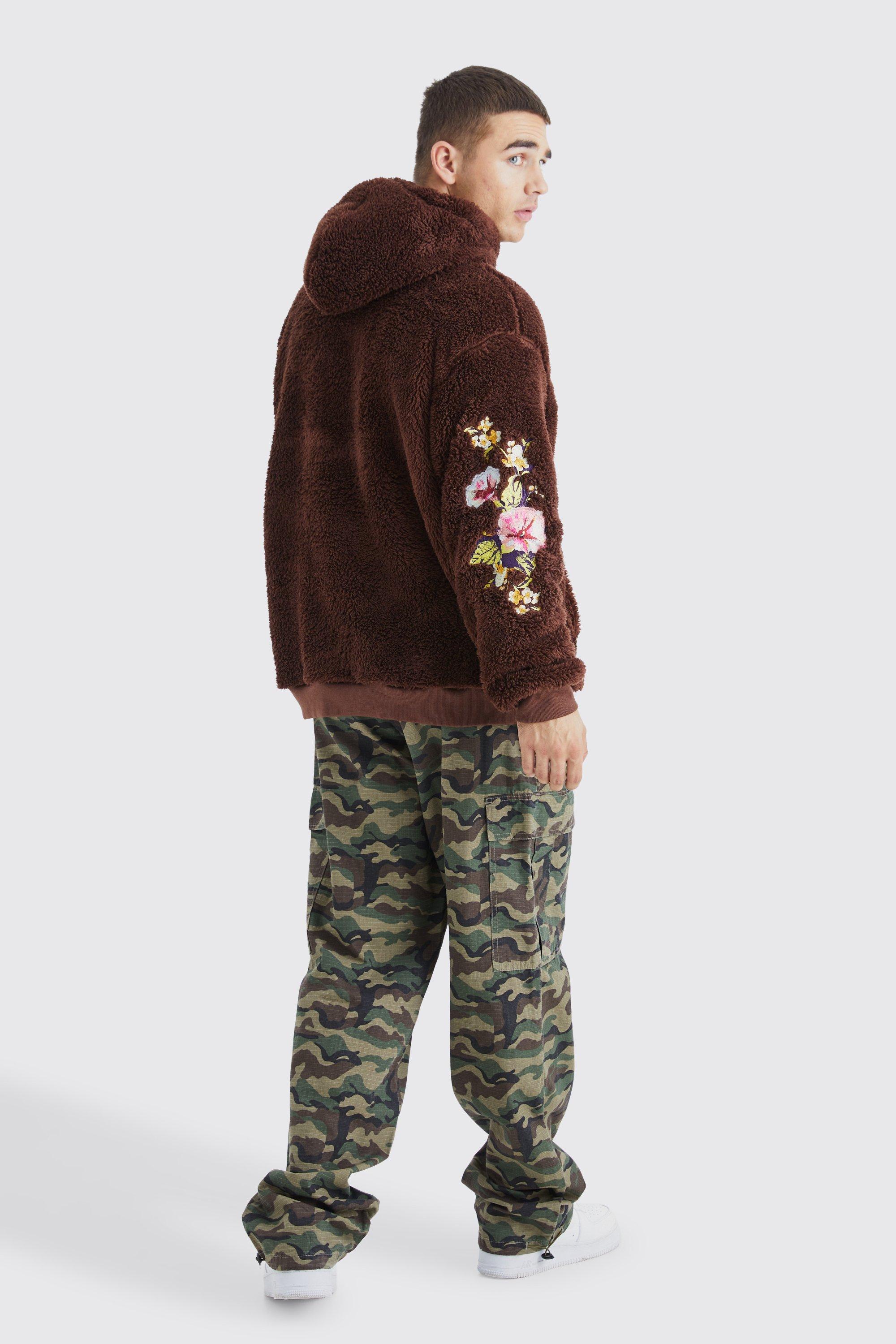 Oversized Borg Hoodie With Floral Embroidery boohoo