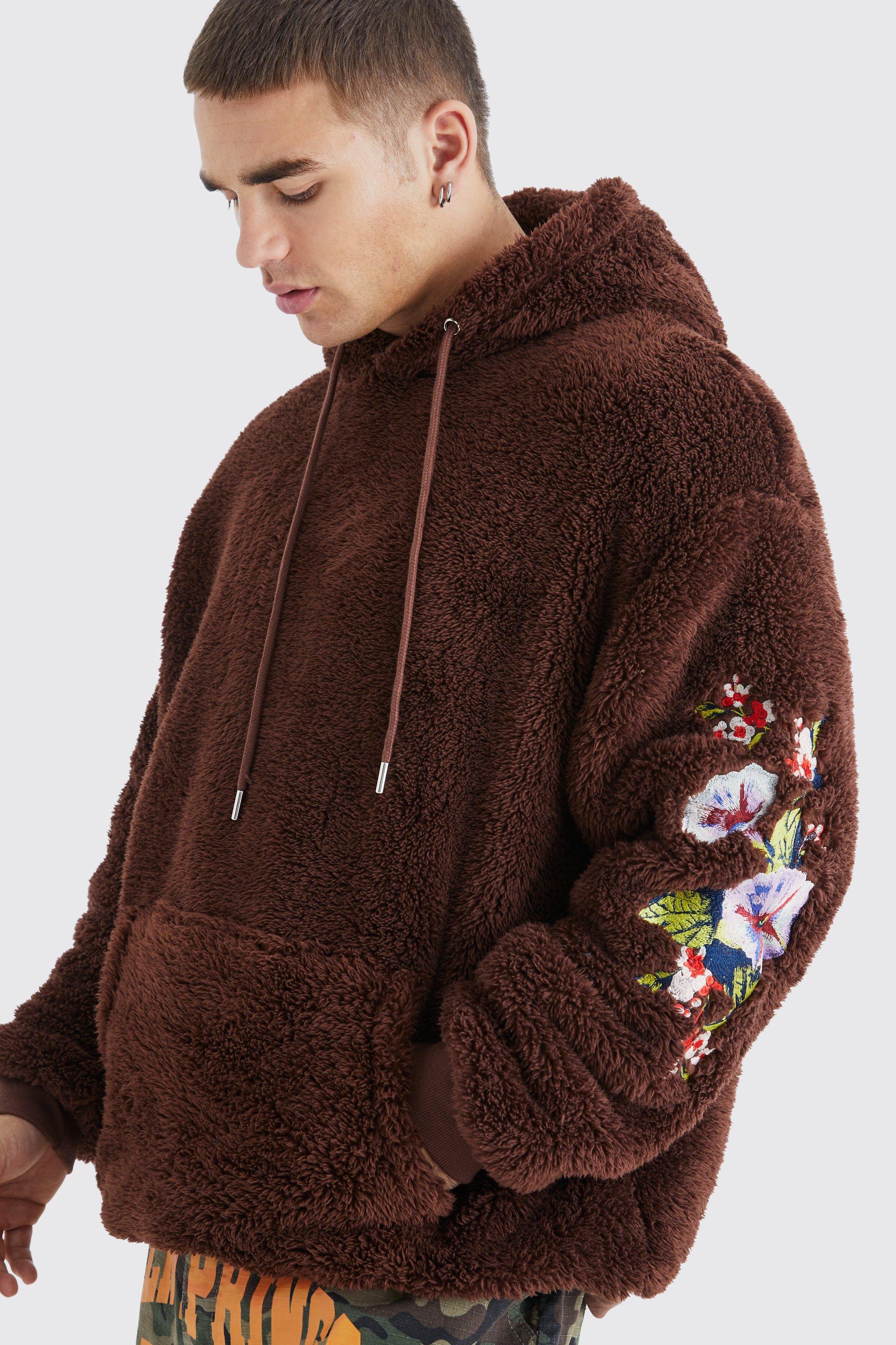 Oversized Borg Hoodie With Floral Embroidery