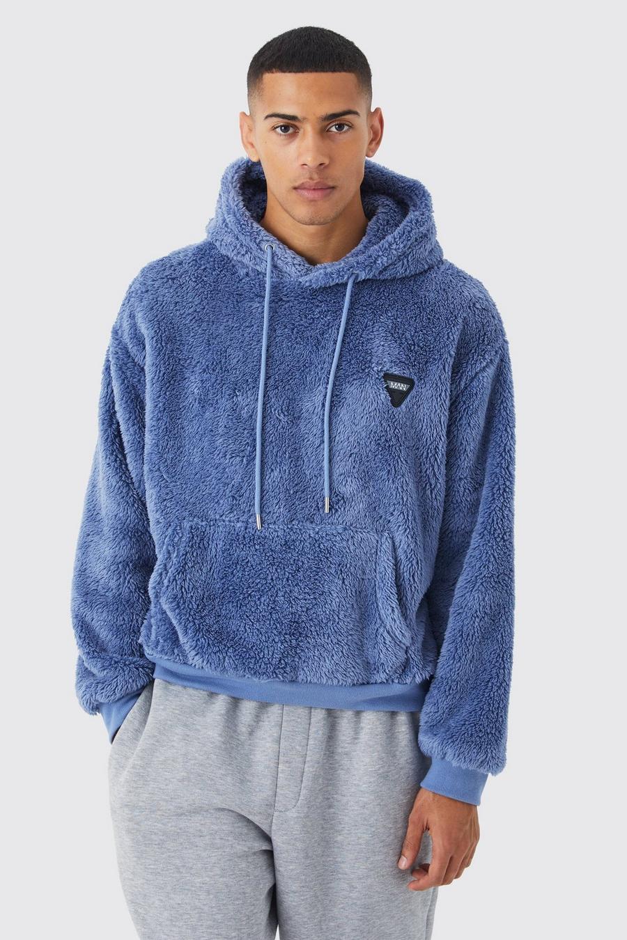 Slate blue Oversized Boxy Borg Rubber Badge Hoodie