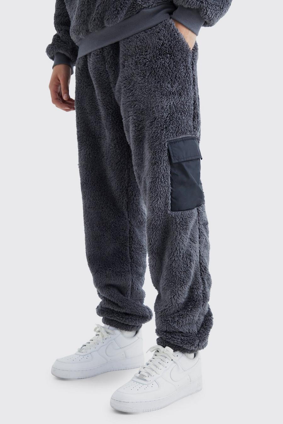 Pantaloni tuta in pile borg e nylon con tasche Cargo, Charcoal