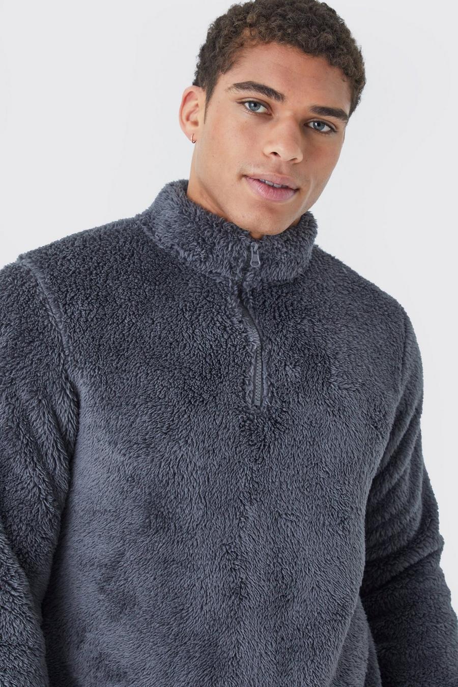 Charcoal Sweatshirt i teddy med hög krage image number 1