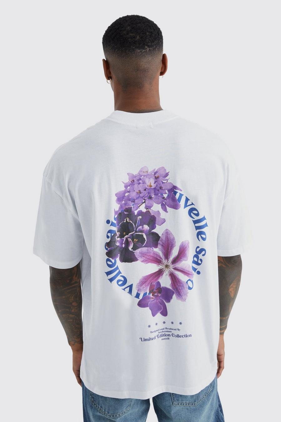 T-shirt oversize con grafica di fiori sul retro, White bianco