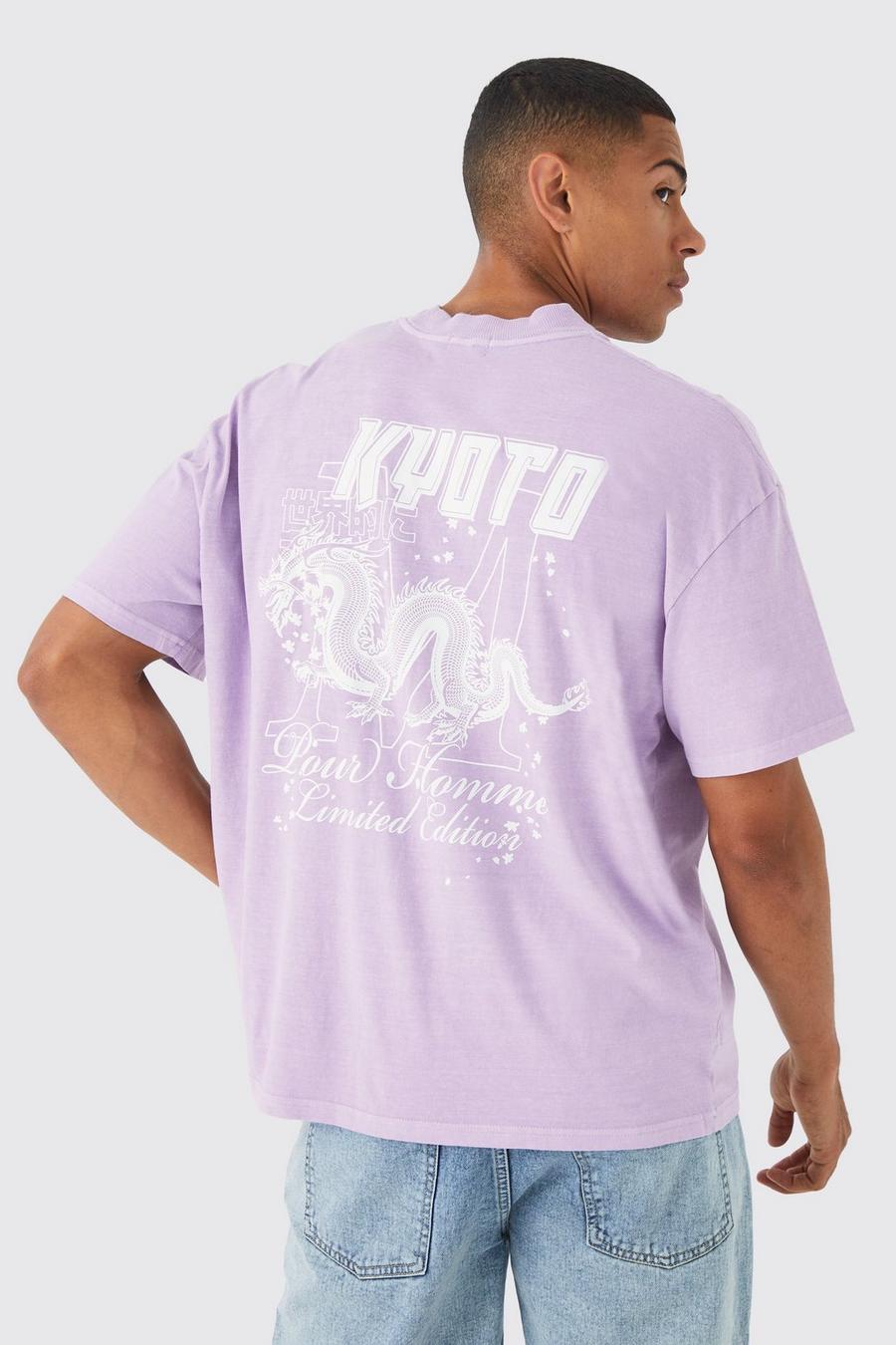 Camiseta oversize desteñida con estampado gráfico de Kyoto, Light pink image number 1