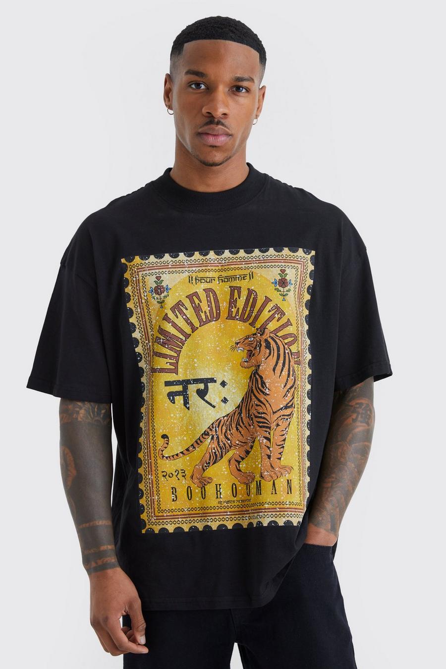 Black Oversized Tiger Back Graphic T-shirt