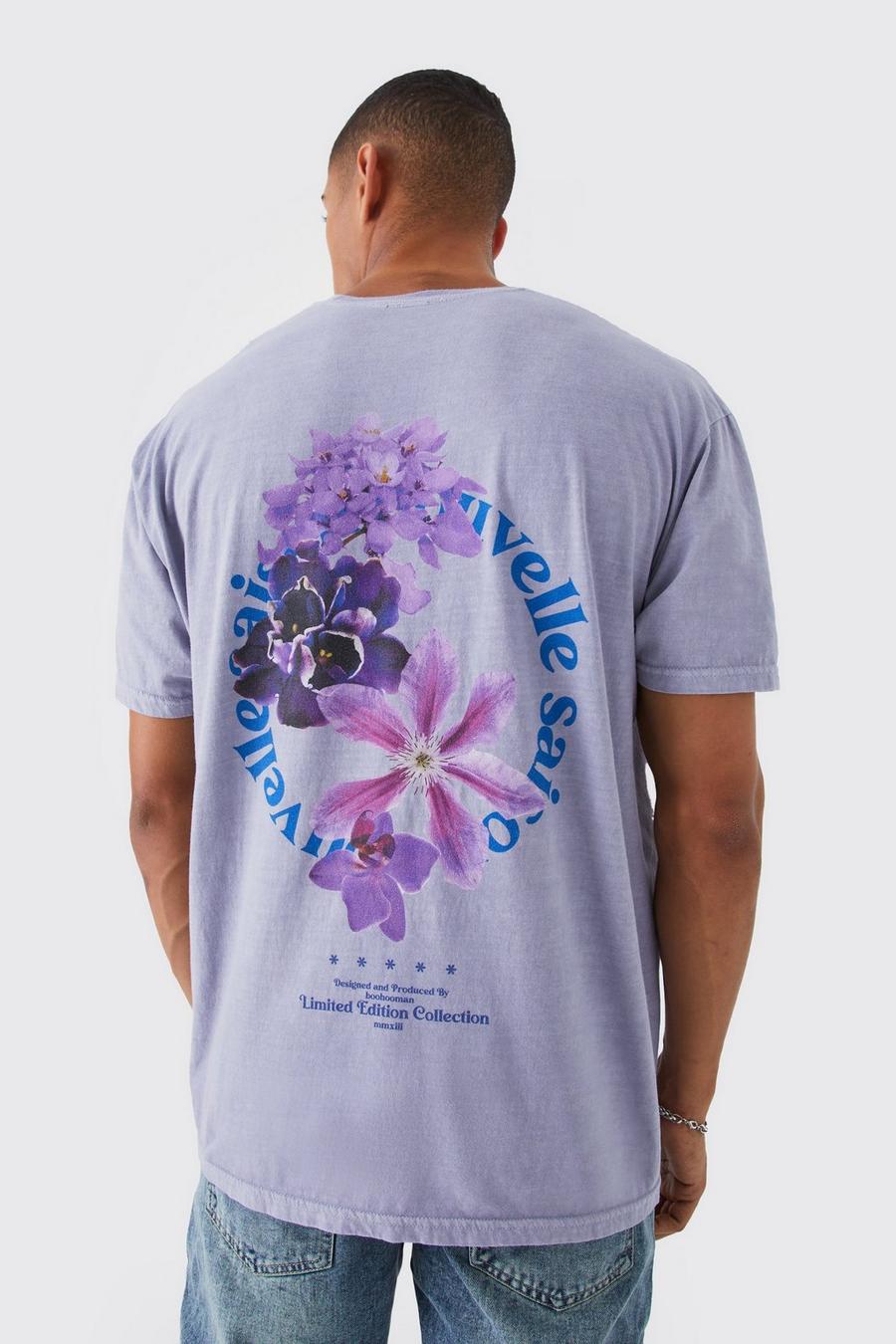 Camiseta oversize desteñida con estampado gráfico de flores en la espalda, Purple image number 1
