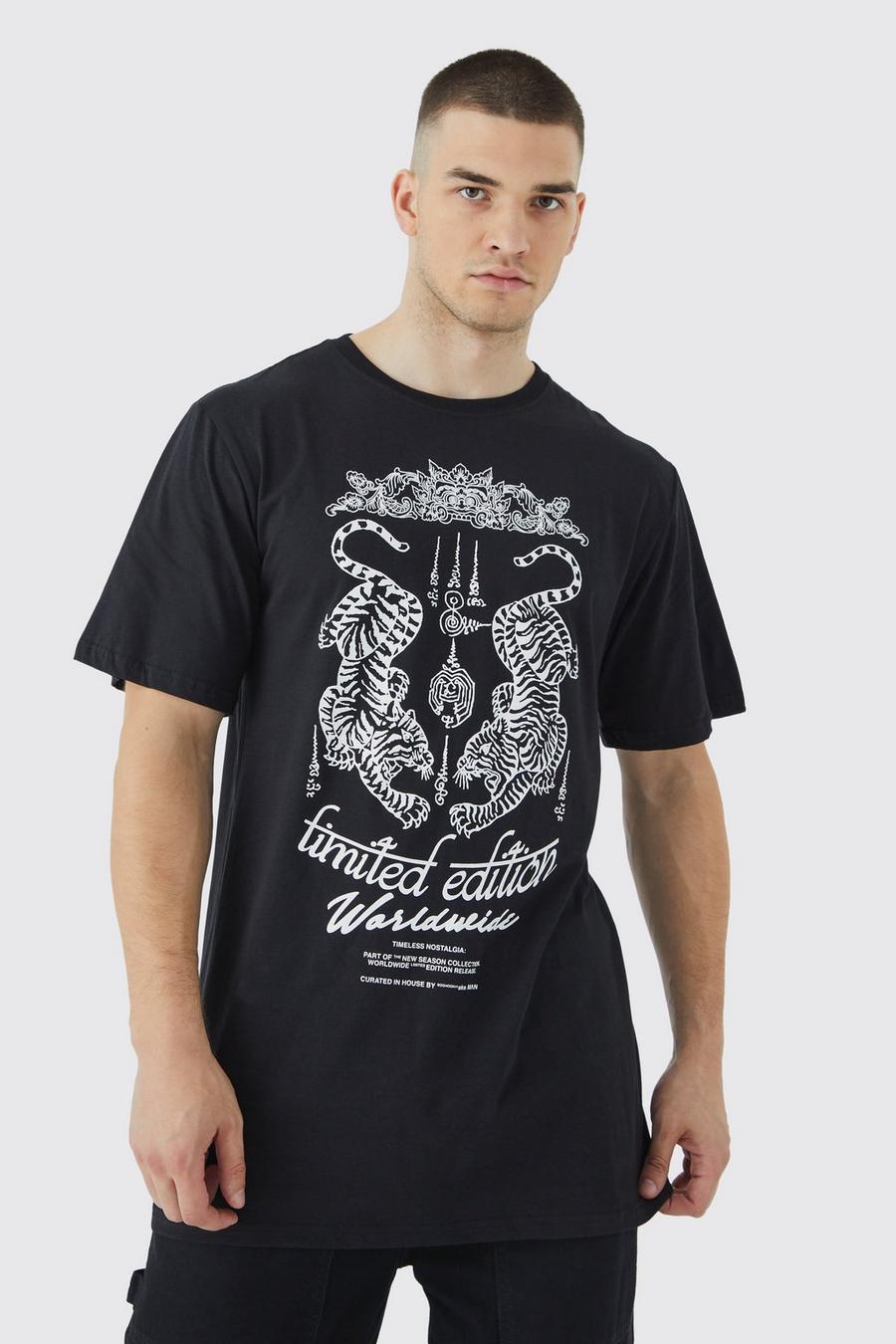 T-shirt Tall oversize con grafica di tigre, Black image number 1