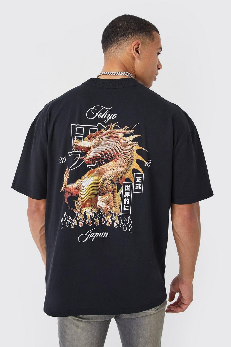 Tall Oversize T-Shirt mit Drachen-Print, Black noir