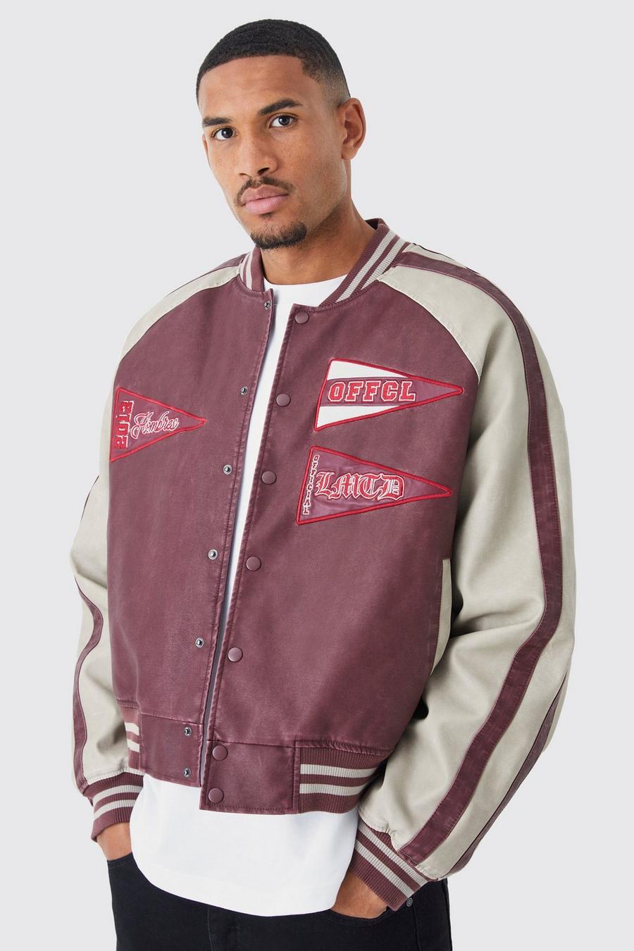 Giacca Tall squadrata in PU con pannelli stile Varsity, Burgundy image number 1