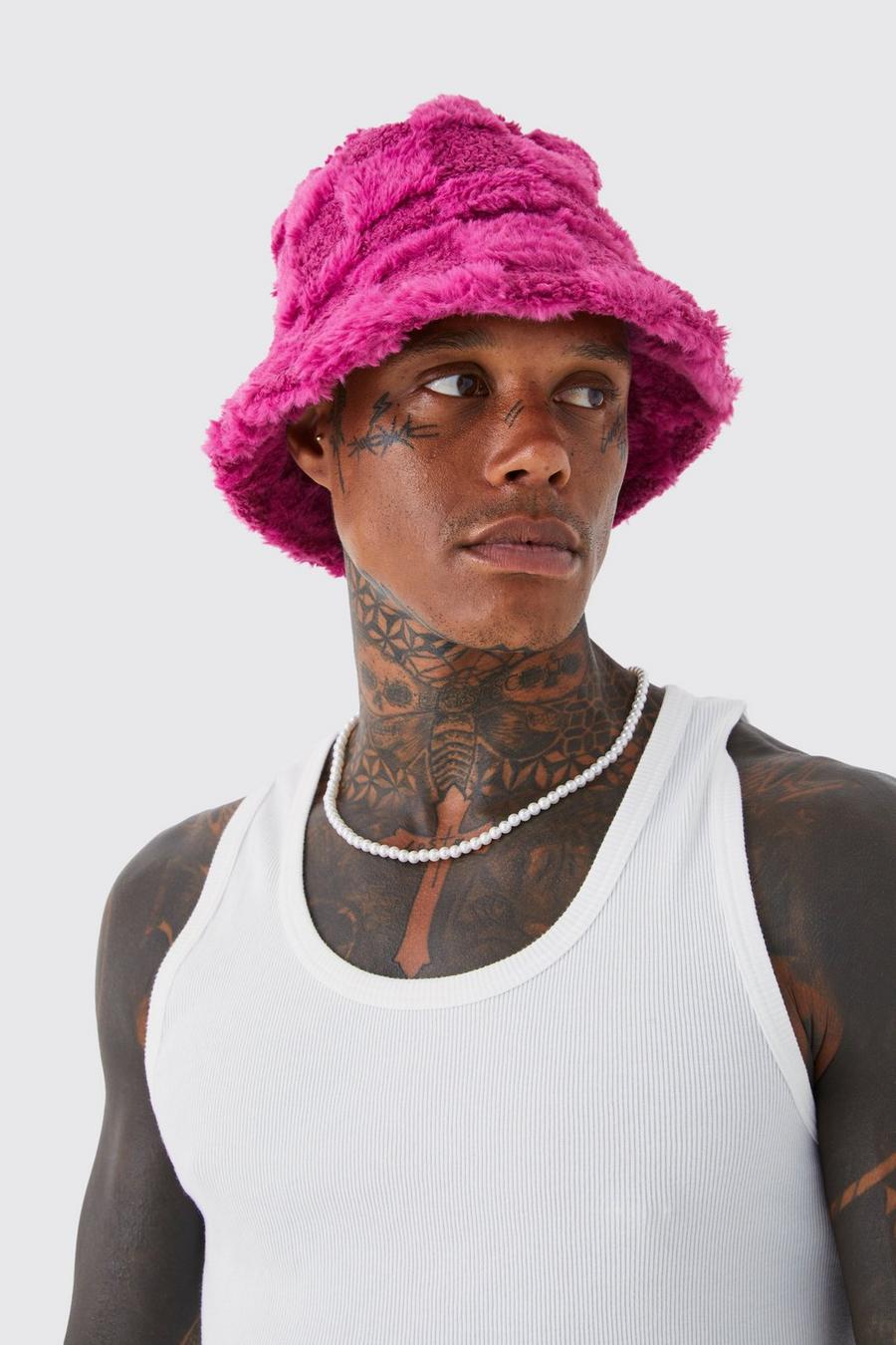 Pink Fluffig rutig buckethatt