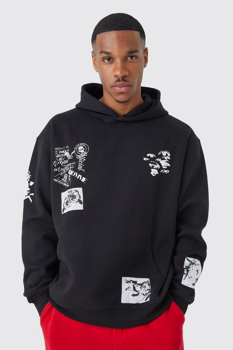 Black Oversized Multi Placement Graphic Hoodie image number 1