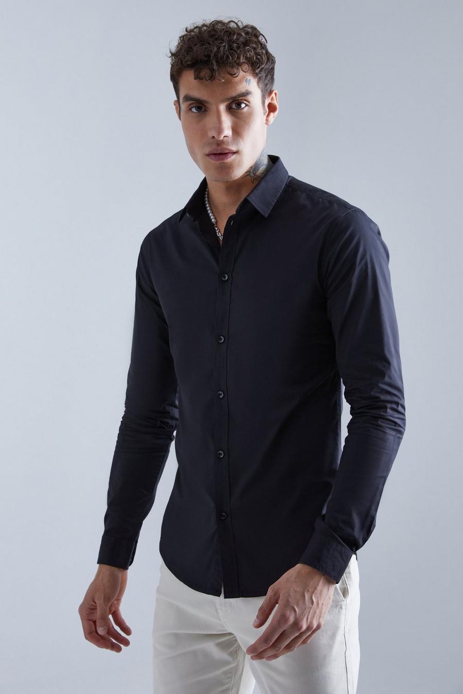 Camicia attillata a maniche lunghe, Black image number 1