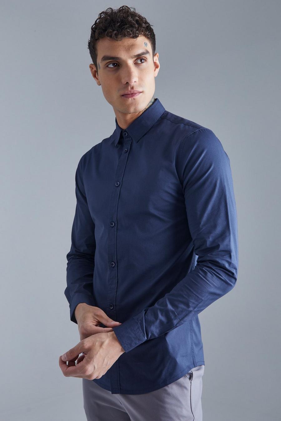 Navy marinblå Long Sleeve Slim Shirt