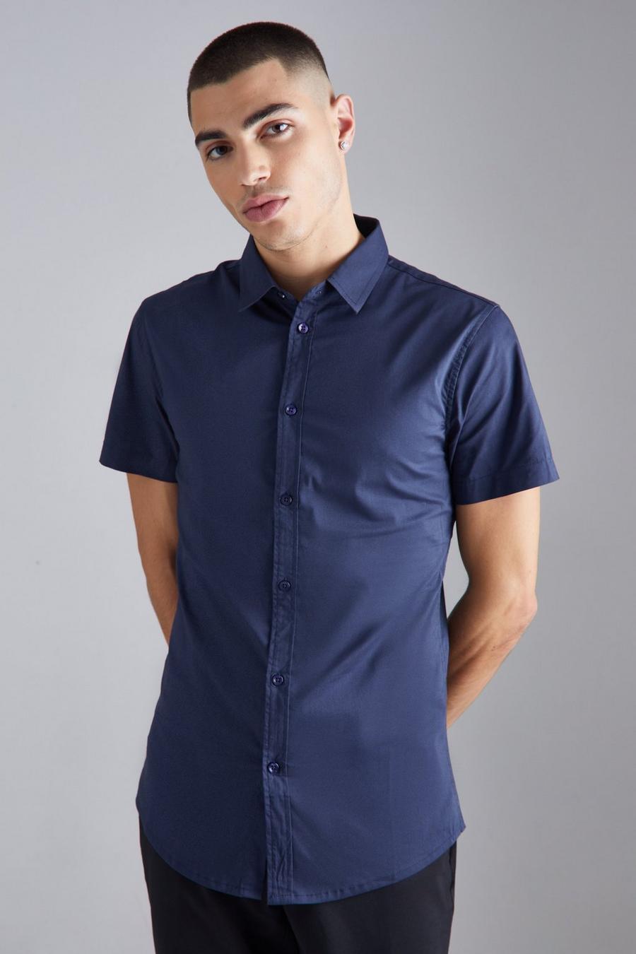 Navy Short Sleeve Stretch Fit Shirt image number 1