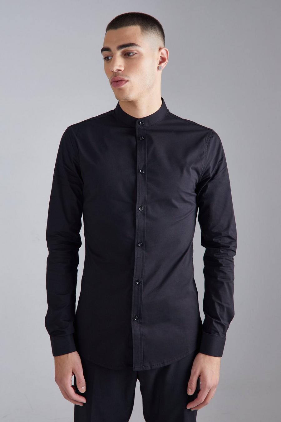 Camicia attillata a maniche lunghe con colletto serafino, Black nero