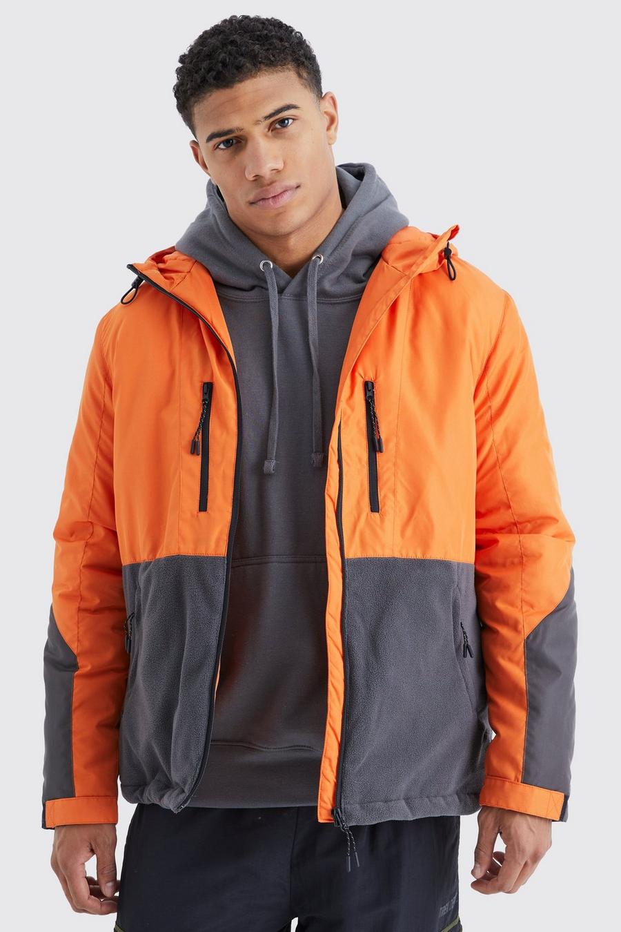 Orange Relaxed Color Block Polar Fleece Jacket image number 1
