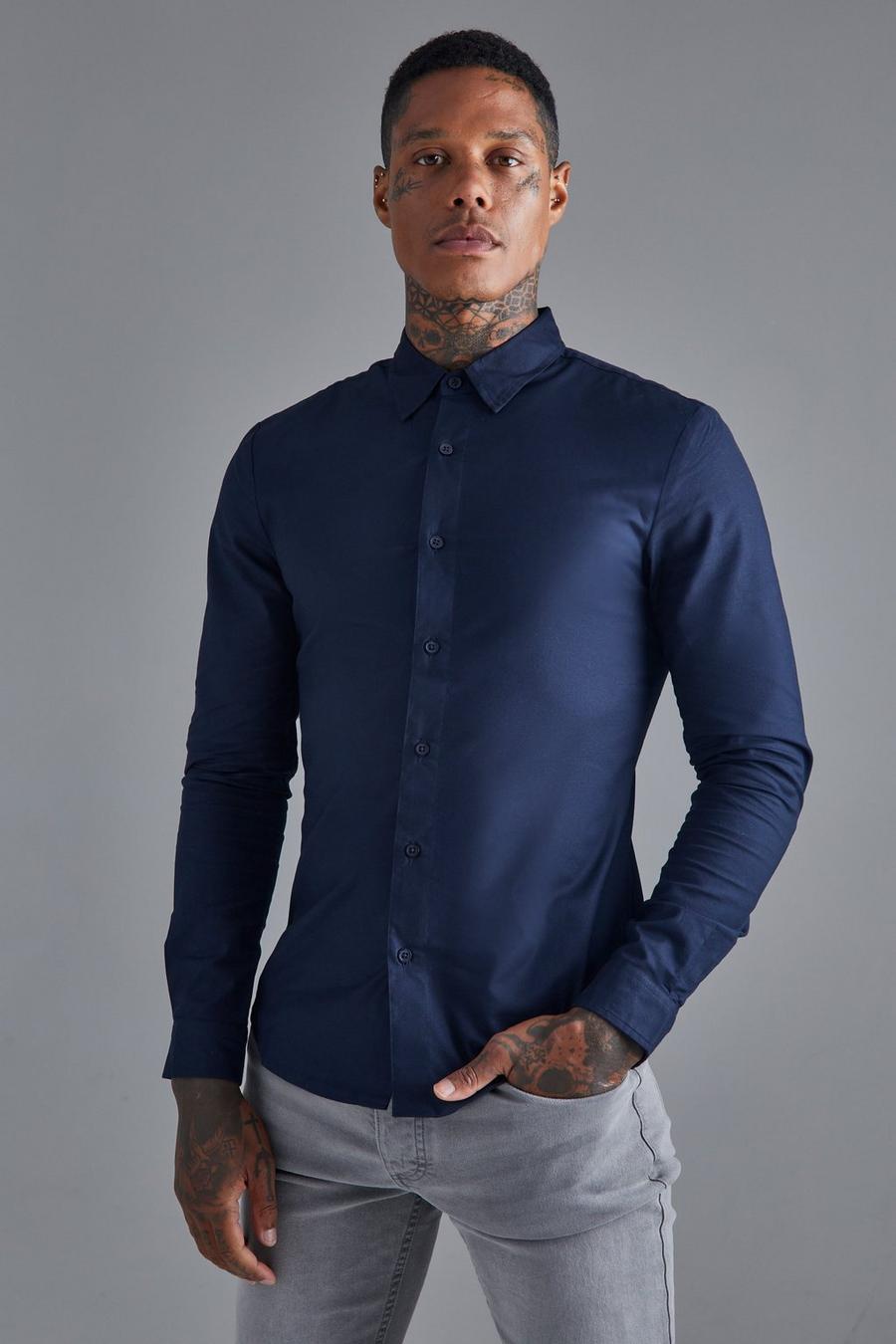 Camisa de manga larga ajustada al músculo, Navy azul marino