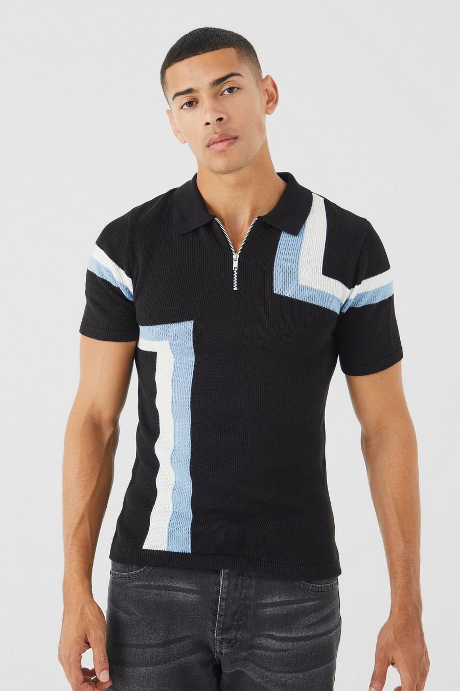 Black Muscle Fit Colour Block Knitted Polo image number 1