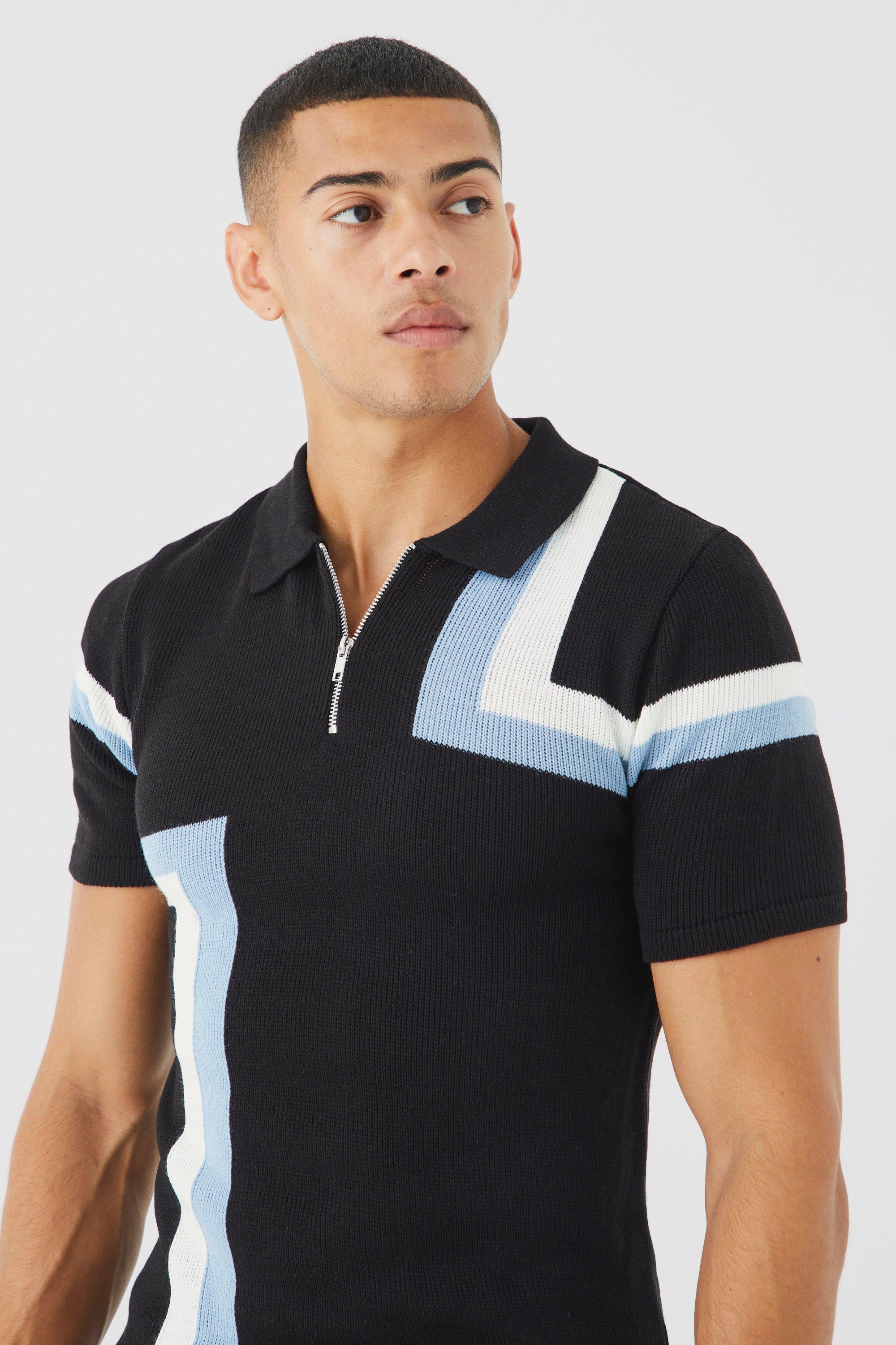 boohooMAN Mens Short Sleeve Muscle Fit Colour Block Knit Polo - Black