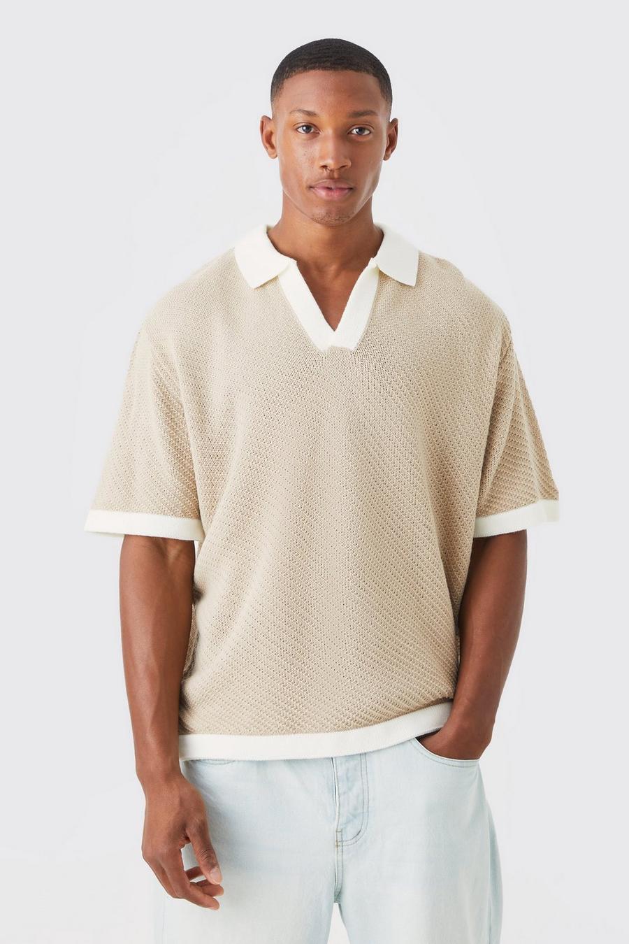 Taupe Oversized Contrast Collar Knitted Polo image number 1