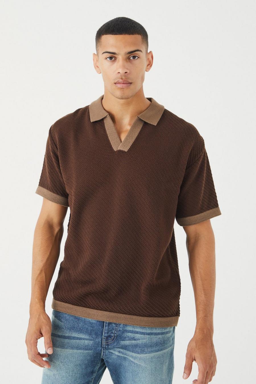 Polo oversize in maglia con colletto a contrasto, Chocolate image number 1