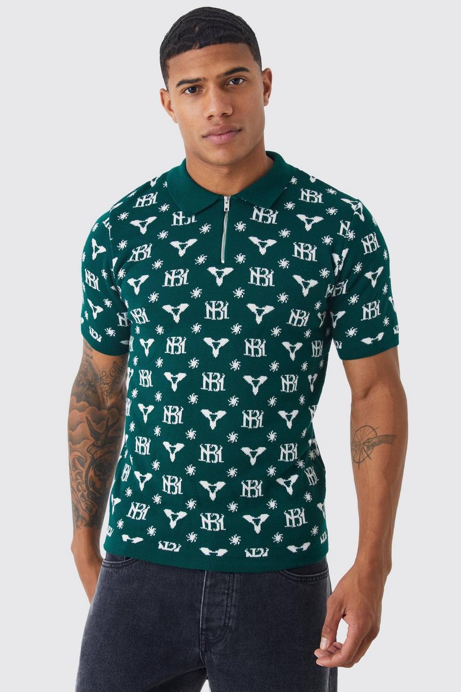 Green Muscle Fit Jacquard Half Zip Polo image number 1